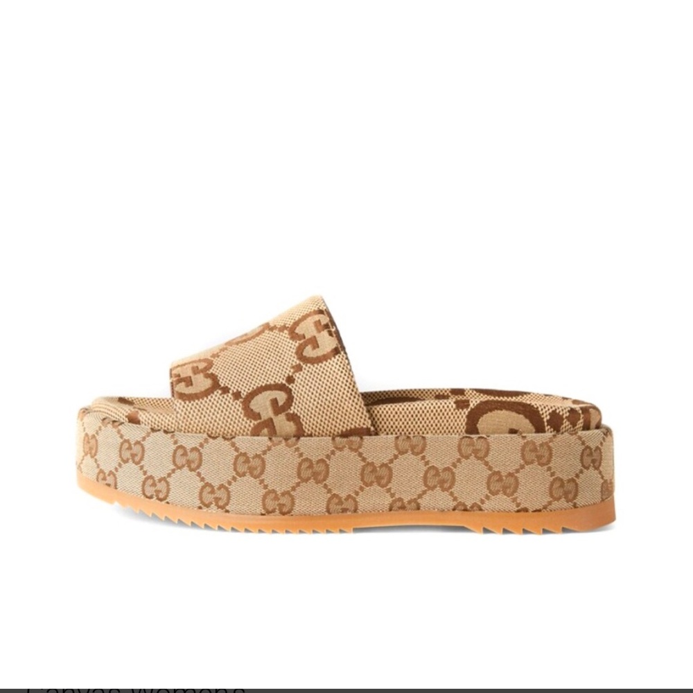 AUTHENTIC GUCCI Angelina Platform 55mm Sandal Camel Canvas Women's size 7 - Picture 3 of 6